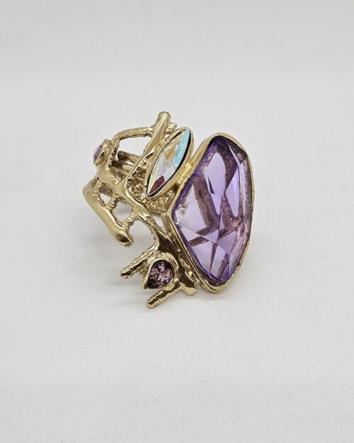 Anello intrecci in bronzo, resina viola, blu e cristalli